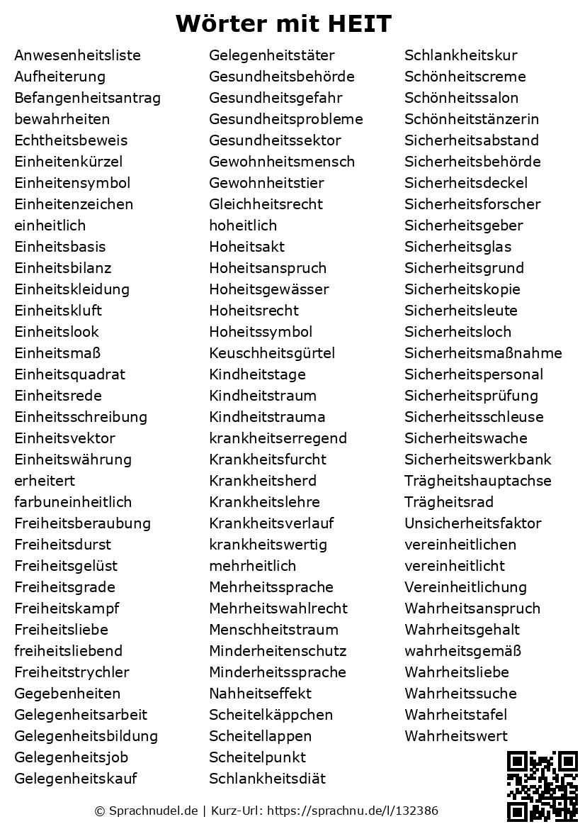 Wörter mit HEIT mit Bedeutung