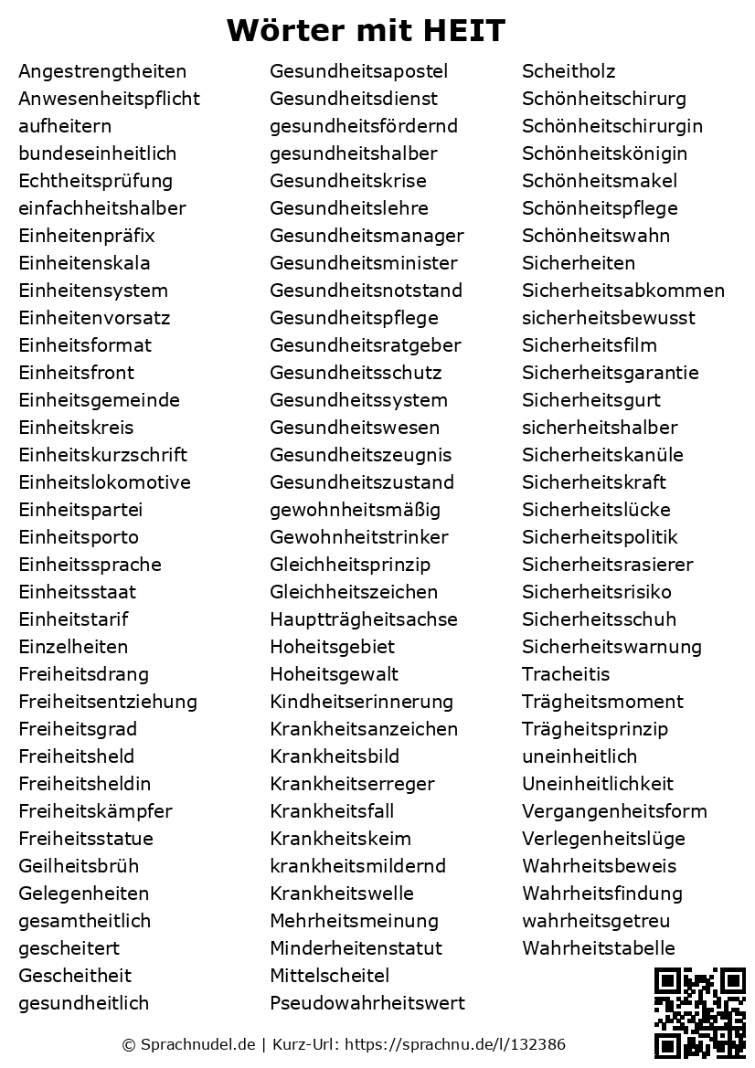 Wörter mit HEIT mit Bedeutung
